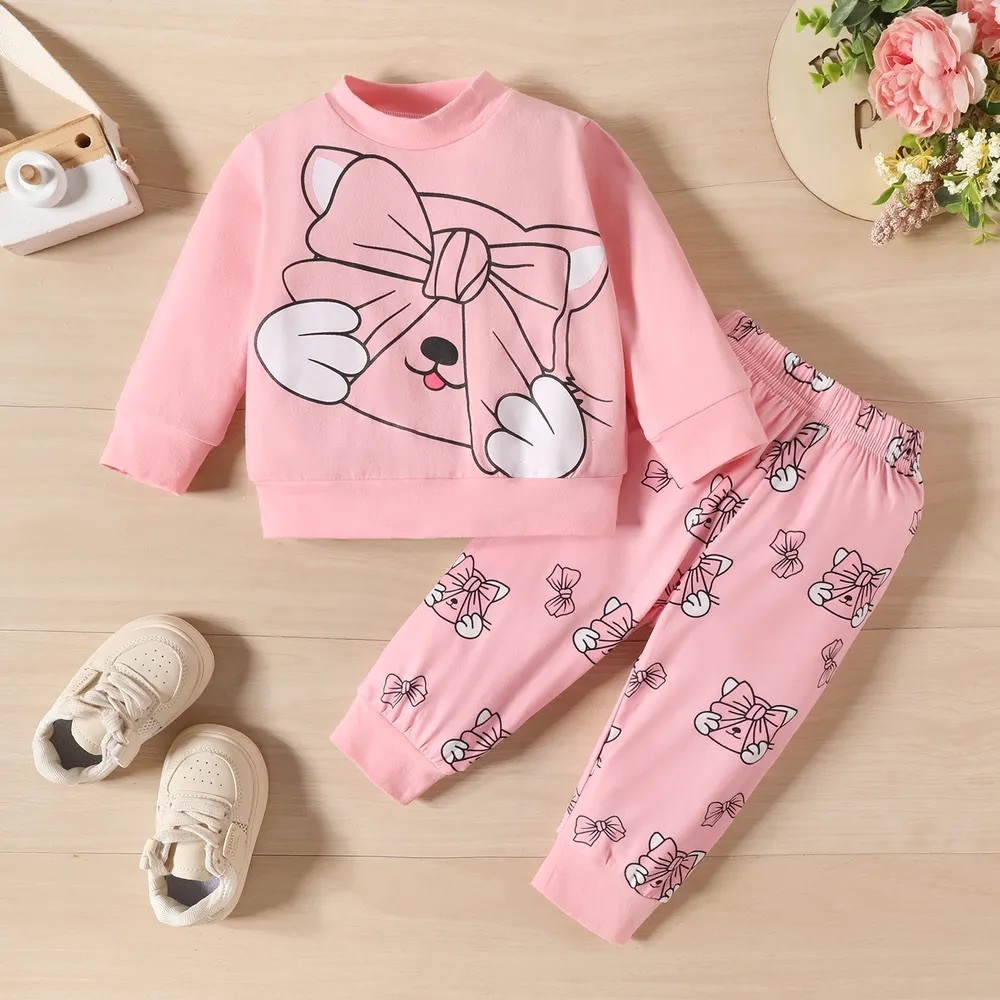 Shein Baby Girl 95% Cotton Cat Print Long-sleeve Top, Pants Set And Shower Hat